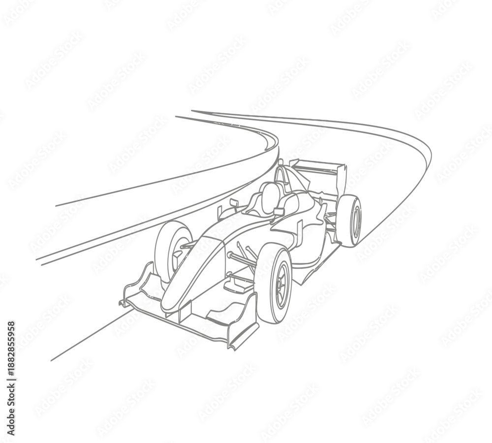 Fototapeta premium A detailed line drawing depicts a formula one race car speeding along a curved track