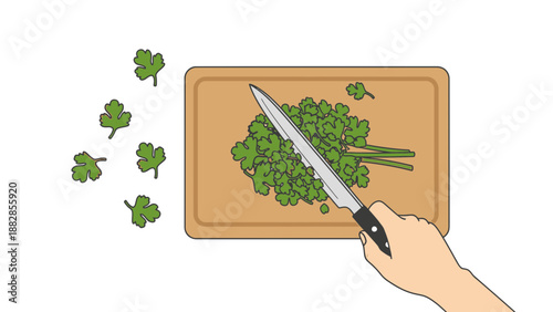 Fresh Herb Preparation: Cutting Cilantro on a Wooden Cutting Board for Culinary Use