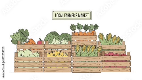 Fresh Produce Displayed In Wooden Crates At Local Farmers Market Illustration