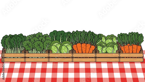 Fresh Produce Displayed In Wooden Crates On A Red And White Checkered Table