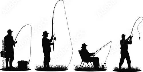 Fisherman silhouette set with men holding fishing rods, standing and sitting by river bank, outdoor angling activity collection isolated on white background.
