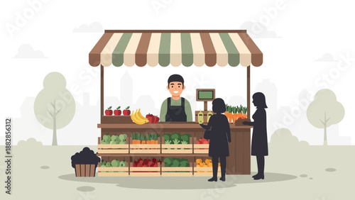 Fresh Produce Market: Illustration of a Local Farmer Selling Fruits and Vegetables