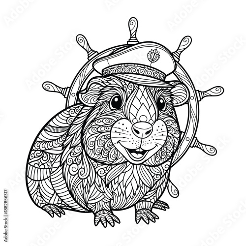 a detailed line drawing depicts a cute guinea pig wearing a captain s hat and holding a vintage