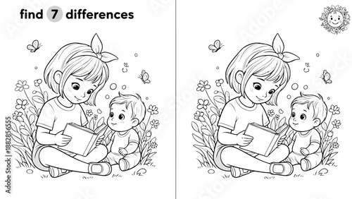 a delightful find seven differences puzzle showcasing two nearly identical illustrations of a girl and baby reading
