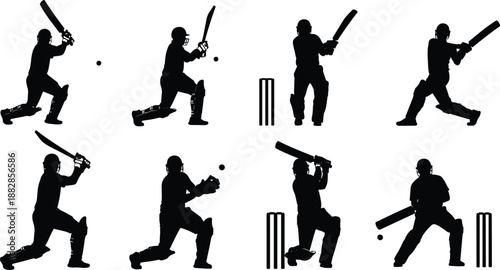 Cricket player silhouette set with batsman batting shots and wicket, sports action collection, black athlete figures isolated on white for tournament, training design.