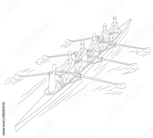 A detailed line drawing depicts a crew team rowing a long slender racing shell