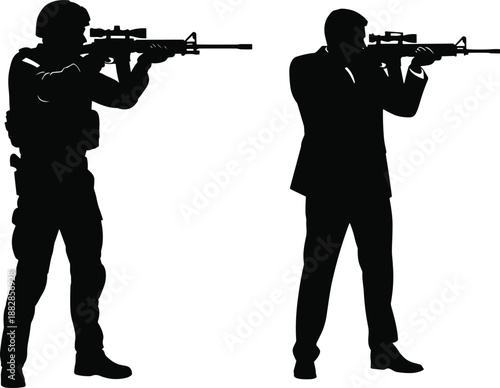 Two armed men silhouette aiming rifles, soldier in tactical gear and businessman with weapon, concept of security, protection, military, sniper, violence, isolated on white.