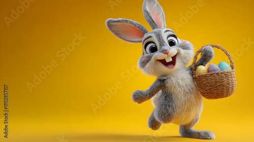 A cheerful cartoon rabbit happily carries a basket of colorful eggs on a bright yellow background