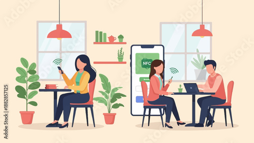 People in a cafe using phones and laptop for transactions