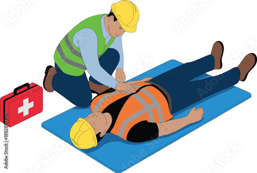 Construction worker providing first aid to injured coworker at construction site, workplace safety, emergency response, CPR training, industrial accident scene