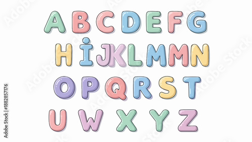 Pastel-colored, puffy alphabet letters arranged in rows on white