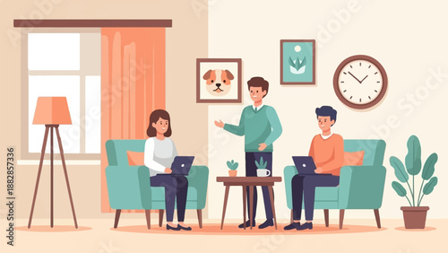 People collaborating on laptops in a cozy living room setting