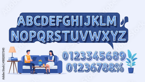 Modern, stylized alphabet, numbers, and binary code design with people relaxing