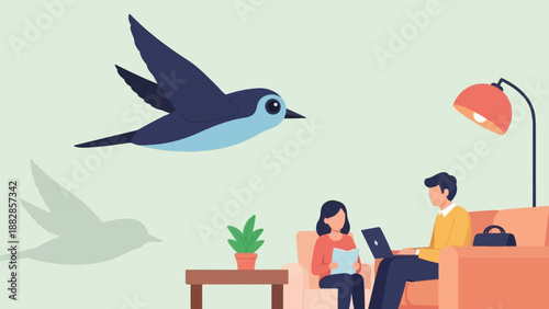 Peaceful indoor scene with people relaxing, bird flying overhead