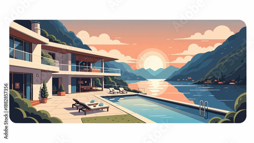 Modern villa with pool overlooking a tranquil lake at sunset