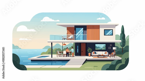 Modern waterfront house with pool and outdoor seating, people relaxing