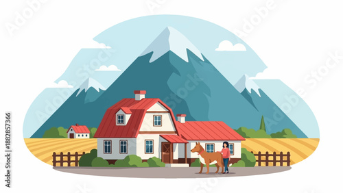 Peaceful mountain landscape with a farm house, dog, and person
