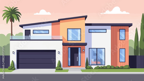 Modern two-story pixel art house with garage and palm tree