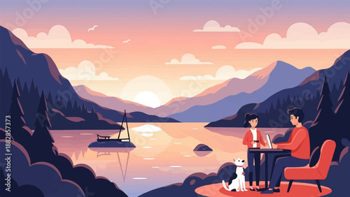 Peaceful lakeside scene with mountains, sunset, and people working outdoors