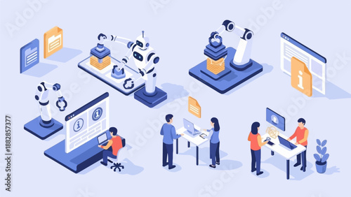 Modern workplace with robots and people collaborating on digital tasks