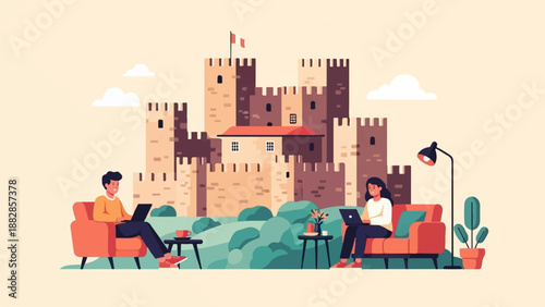 Modern workers at laptops enjoy a castle view from cozy armchairs