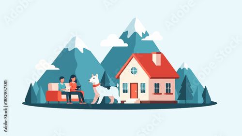 Peaceful mountain setting with a family and their dog outside their home