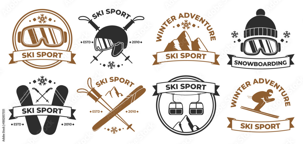 Naklejka premium Typography ski badges and snowboarding winter sports adventure logo isolated set on white background