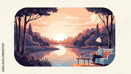 Peaceful riverside scene with a person reading on a couch at sunset