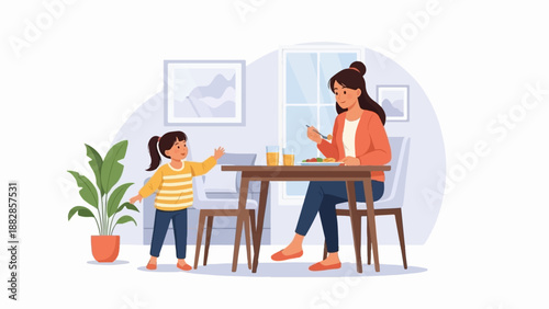 Mother and child sharing a meal at a table in a bright room