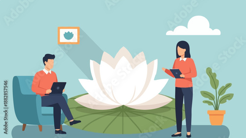 Peaceful scene with people using laptops near a large lotus flower