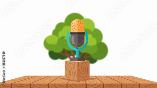 Microphone on a stand in front of a green tree, on a wooden platform