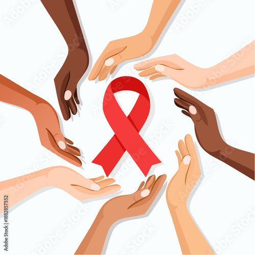 Hands around red awareness ribbon. Diverse hands holding red ribbon. AIDS awareness symbol. Vector illustration on white background. Support and solidarity concept. Red ribbon icon. Human