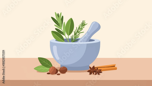 Mortar and pestle with fresh herbs, nuts, and spices