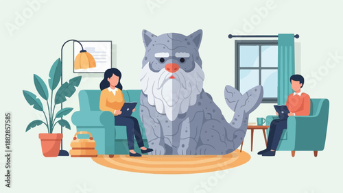 Living room scene with people and a large mythical cat-whale creature