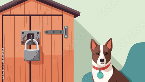 Locked shed with a curious dog sitting on a chair