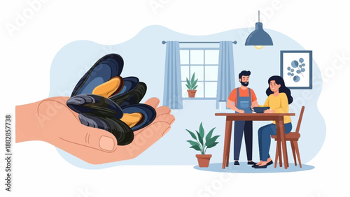 Hand holding fresh mussels with a couple preparing meal at a table