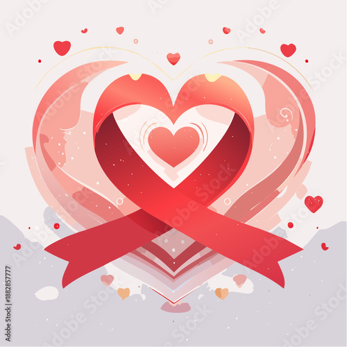 Red heart symbol. Heart with ribbon. Valentine's Day icon. Red love symbol. Heart illustration. Vector graphic. Heart shape. Ribbon icon. Love symbol. White background.