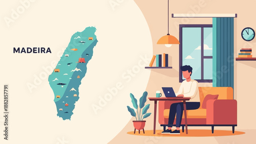 Illustration of Madeira island with stylized icons & man working remotely