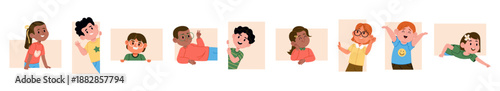 Diverse multicultural kids characters peeking and looking out from blank frames isolated set