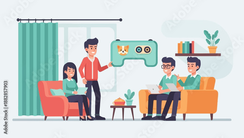 Friends gather to play video games and share ideas in a cozy living room setting