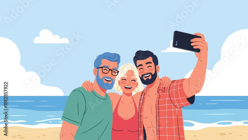 Friends taking a selfie at the beach on a sunny day