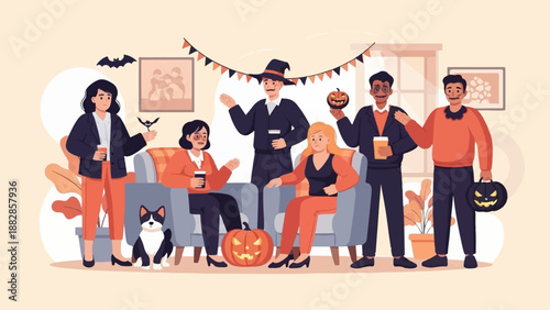 Friends in Halloween costumes gather at a cozy indoor party with pumpkins