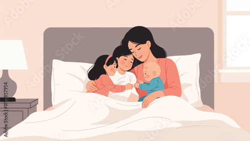 Mother embracing her children in a cozy bedroom setting