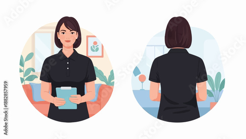 Front and back view of a woman in a black polo shirt holding a clipboard