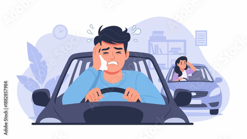 Frustrated drivers stuck in traffic, one with a headache, the other confused