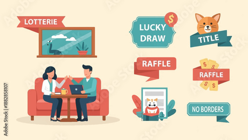 Flat design illustration with lottery, lucky draw, raffle, and  elements