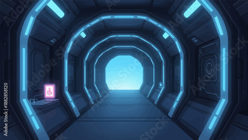 Futuristic blue glowing spaceship corridor with a small screen
