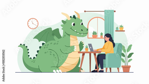 Friendly green dragon sits beside a woman working on a laptop at home