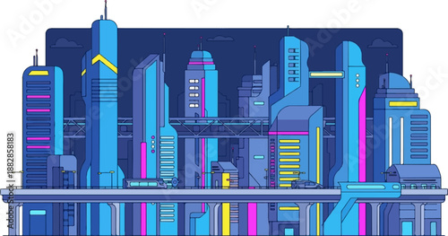 Futuristic city skyline with vibrant neon-colored skyscrapers and elevated transport