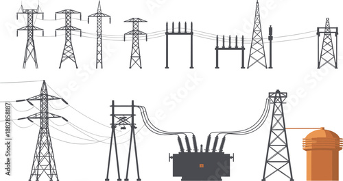 Electrical power substation illustration, high voltage transmission equipment, transformers pylons grid infrastructure, isometric energy distribution system design